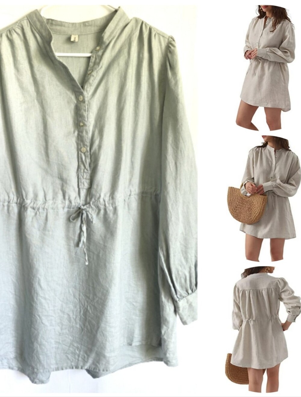 AMAZHIYU Linen Drawstring Waist Shirt Dress S